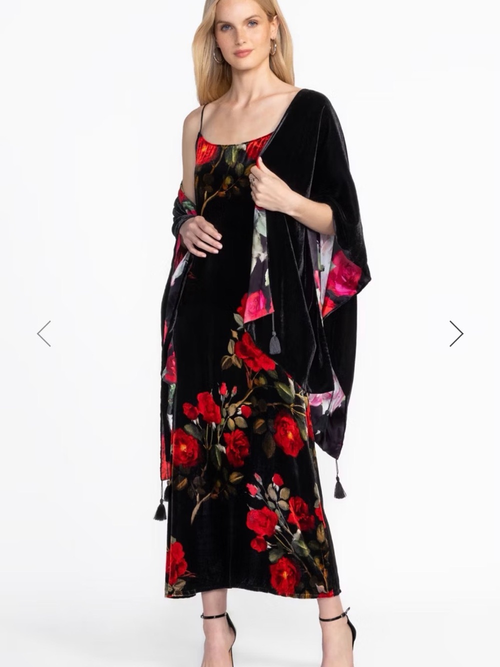 Johnny Was Rosana Black Velvet Slip Dress with Red Rose Print - size small - Picture 3 of 10